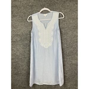 J. Jill Love Linen Small Petite Sleeveless Dress Embroidered Beaded Light Blue